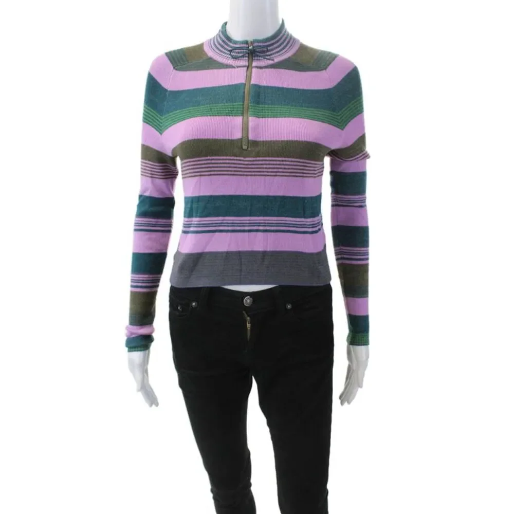 Free People Women's Mock Neck Long Sleeves Fitted Cropped Top Striped Size XS